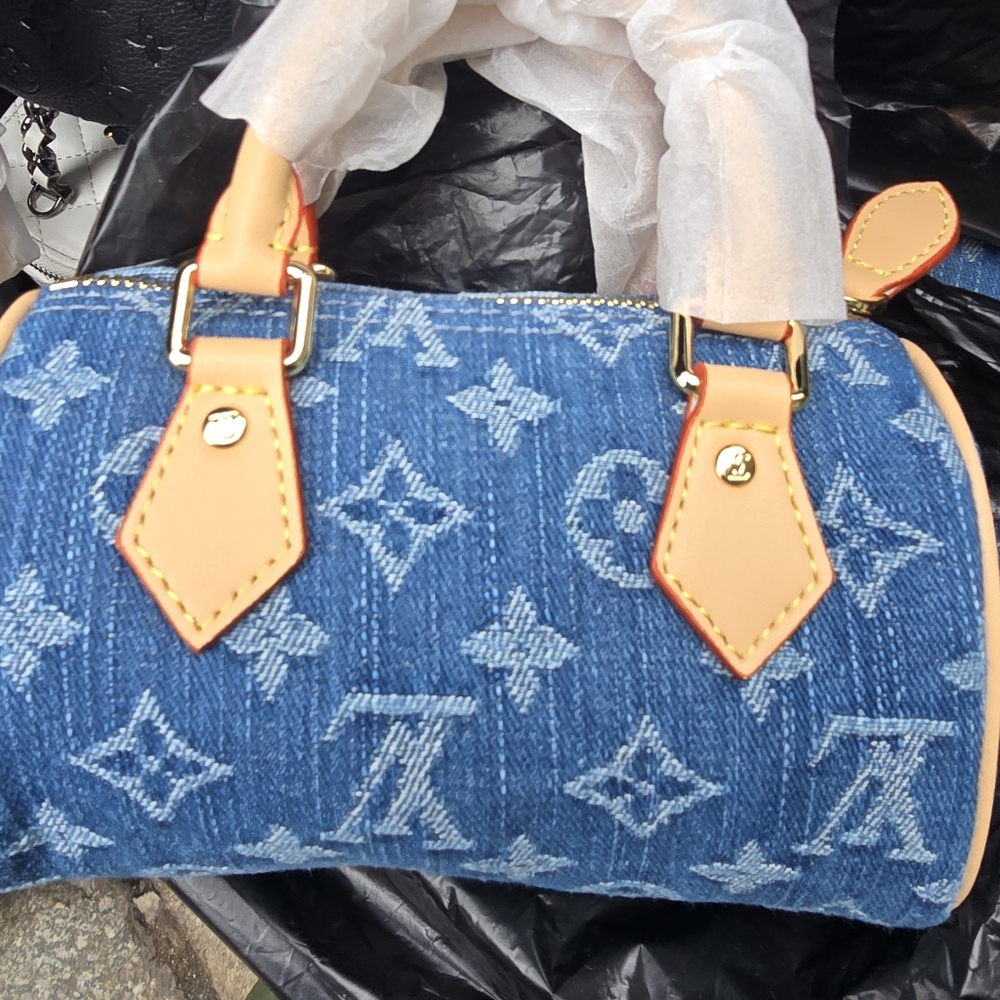 Blue Denim Monogram Micro Mini Bag with Tan Leather Trim - Picture 3 of 14
